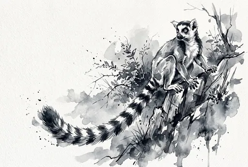 Monochrome Watercolor Ring-Tailed Lemur Illustration