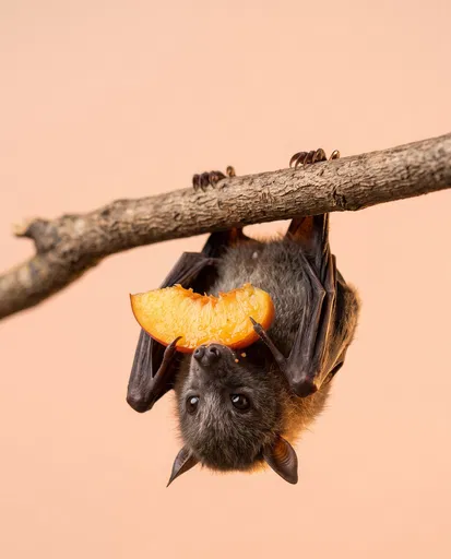 Fruit Bat Eating Peach on Branch