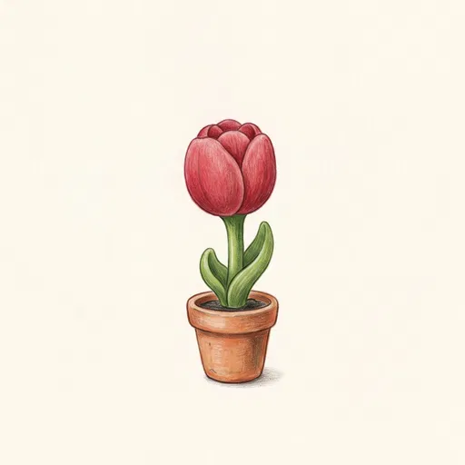 Colored Pencil Red Tulip in Pot