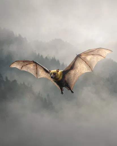 Golden-Crowned Flying Fox in Foggy Mountains