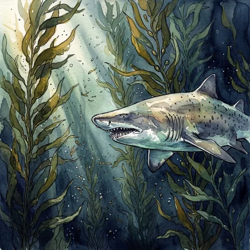 Watercolor Sand Tiger Shark in Kelp Forest