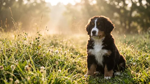 Bernese Mountain Dog Puppy in Morning Meadow