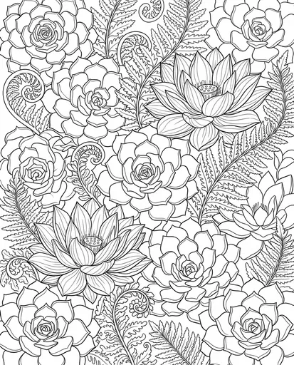 Botanical Lotus and Succulent Coloring Page