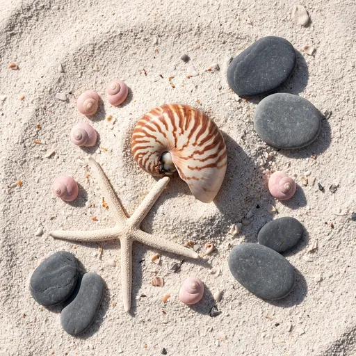 Nautilus Shell and Starfish on Sand