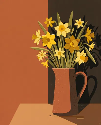 Mid-Century Terracotta Pitcher With Yellow Daffodils