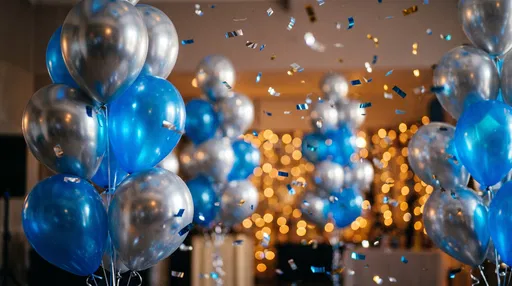 Blue and Silver Party Balloons with Confetti