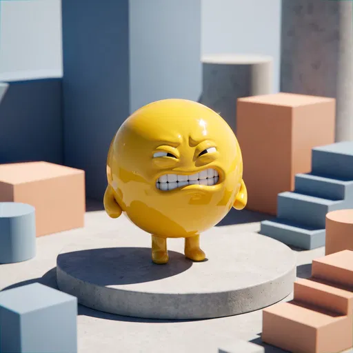 Glossy Yellow Character Grimacing on Stage