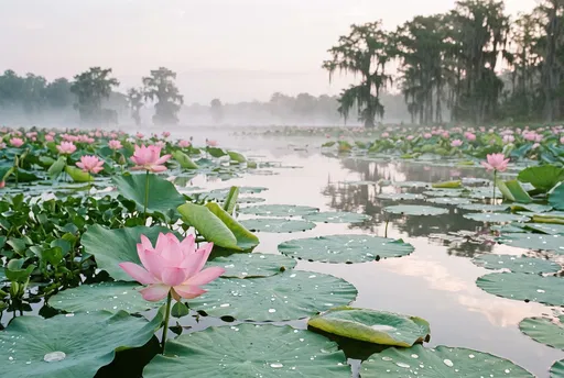 Misty Swamp with Blooming Pink Lotus