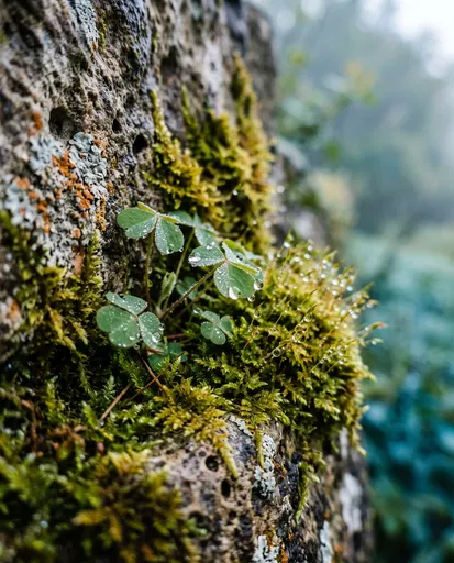 Dew Covered Shamrocks on Mossy Stone