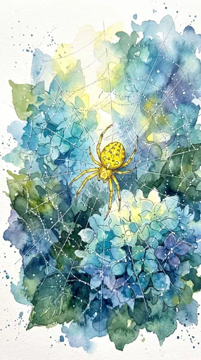 Watercolor Yellow Spider on Blue Hydrangeas