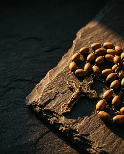 Wooden Rosary and Brass Crucifix on Slate