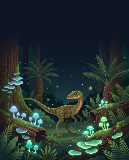 Compsognathus in Glowing Prehistoric Forest