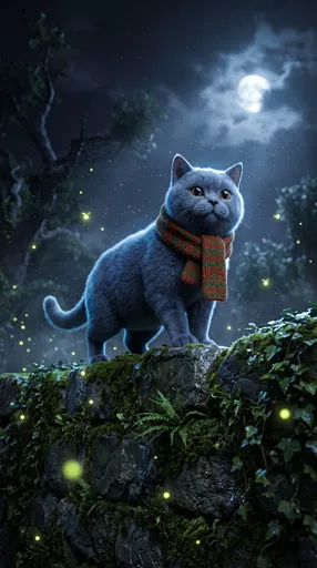 Cat in Scarf on Mossy Wall