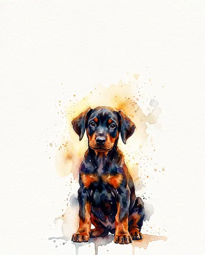 Watercolor Illustration of Sitting Doberman Puppy
