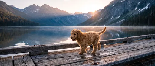 Goldendoodle Puppy on Mountain Lake Dock