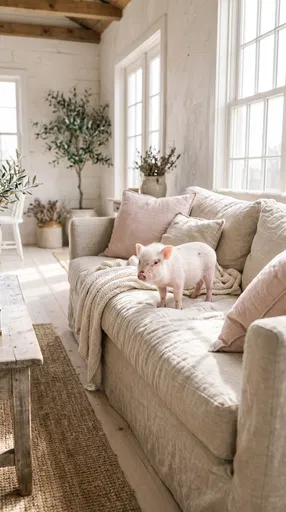 Teacup Piglet on Linen Farmhouse Sofa