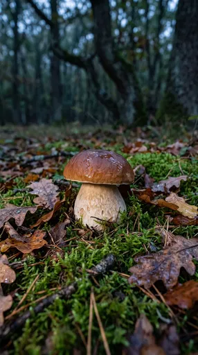 Porcini Mushroom on Autumn Forest Floor