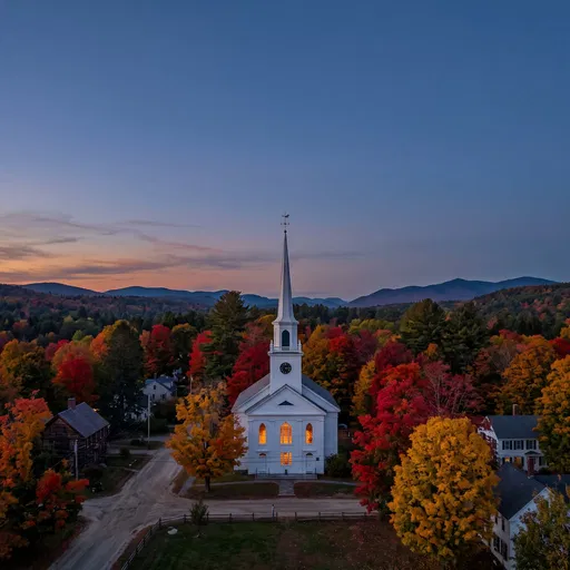 New England Church in Autumn Twilight