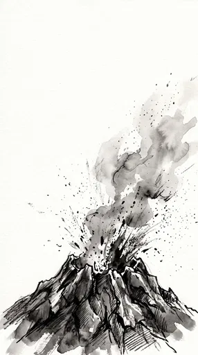 Monochrome Ink and Watercolor Erupting Volcano