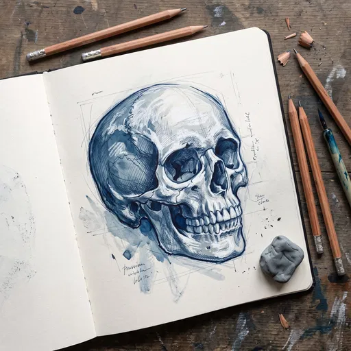 Blue Ink Skull Sketch in Notebook