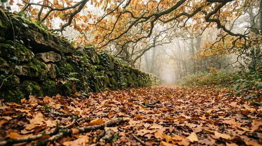 Misty Autumn Woodland Path by Stone Wall
