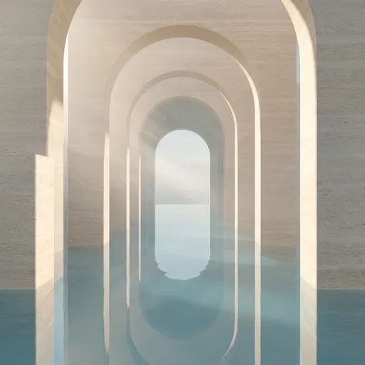 Minimalist Travertine Arches Over Calm Water