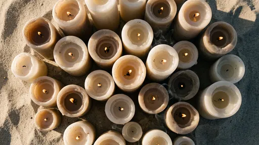 Overhead Cluster of Pillar Candles in Sand