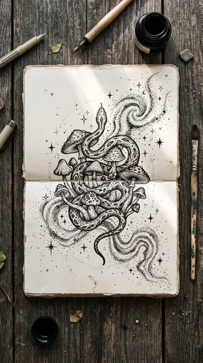 Ink Snake and Mushroom Sketchbook Illustration