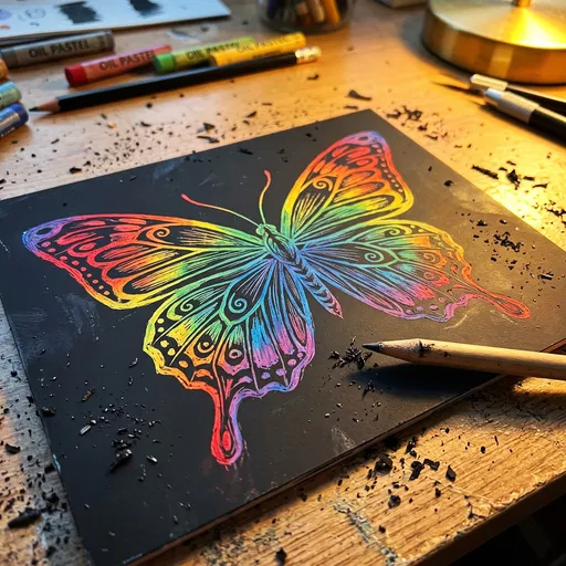 Rainbow Butterfly Scratchboard Art on Desk