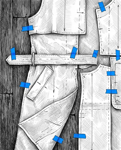 Trench Coat Pattern Pieces Ink Illustration