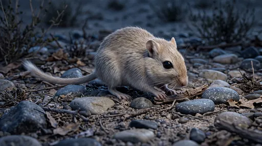Pale Gerbil Foraging Among Pebbles at Dusk