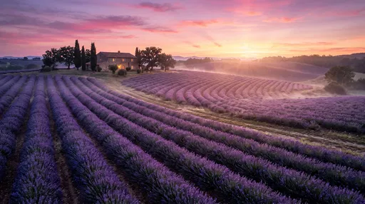 Sunrise Over Rolling Purple Lavender Fields