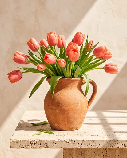 Coral Tulips in Terracotta Pitcher