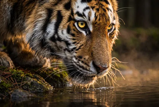 Close-Up of Tiger Drinking at Stream