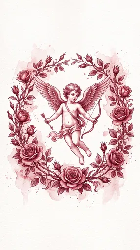 Crimson Watercolor Cupid in Rose Wreath