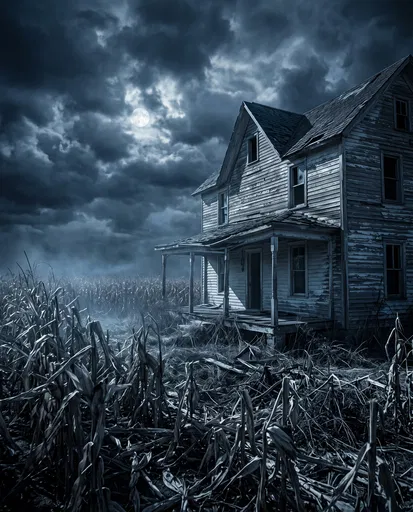 Abandoned Farmhouse in Moonlit Cornfield