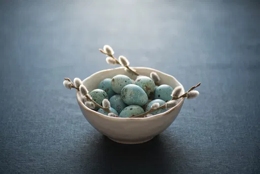 Blue Speckled Eggs in Porcelain Bowl