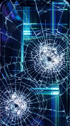 Shattered Smartphone Screen With Glowing Glitch Lines
