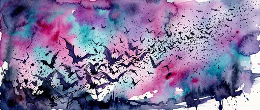 Watercolor Flock of Bats in Colorful Sky