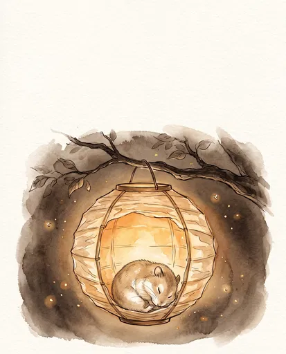 Watercolor Hamster Sleeping Inside Glowing Paper Lantern