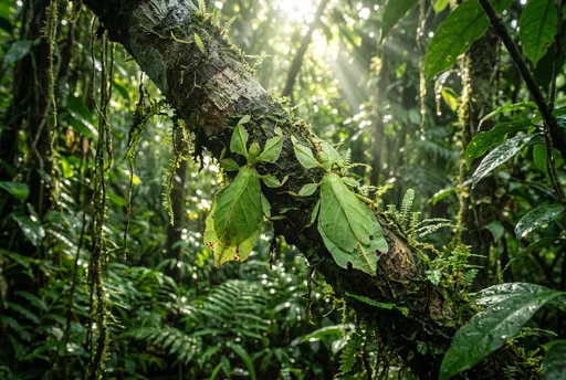 Two Leaf Bugs on Mossy Rainforest Branch