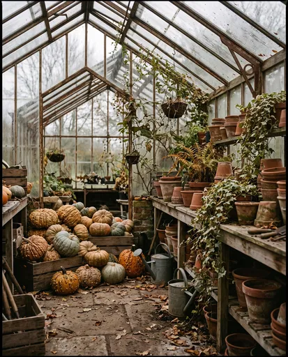 Rustic Autumn Greenhouse With Heirloom Gourds