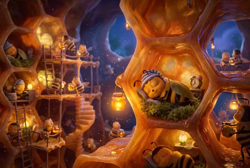 Cartoon Bee Sleeping Inside Glowing Beehive