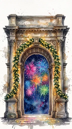 Watercolor Archway With Garland and Fireworks