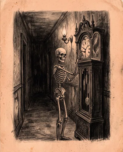 Charcoal Drawing of Skeleton Winding Clock