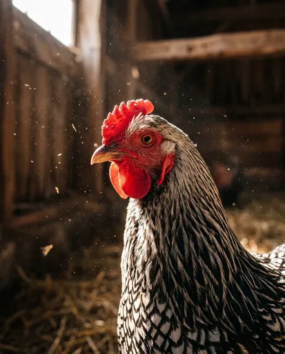 Silver Laced Hen in Sunlit Barn