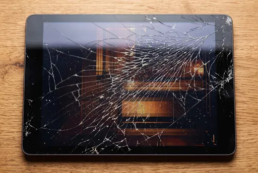 Shattered Tablet Screen on Wooden Table