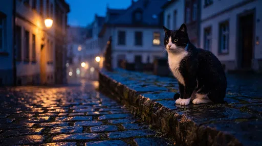 Tuxedo Cat on Wet Cobblestone Wall