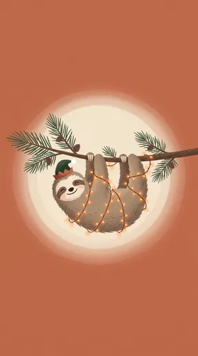 Christmas Sloth Hanging on Pine Branch