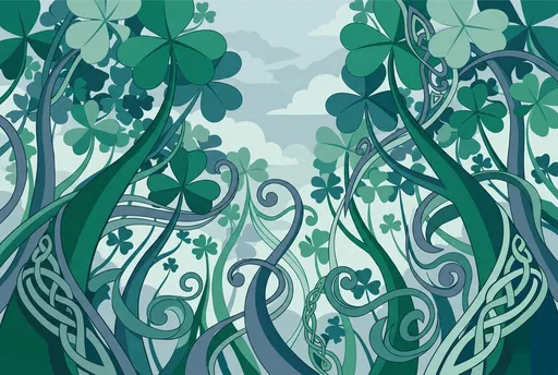 Stylized Shamrock Forest and Celtic Knot Illustration